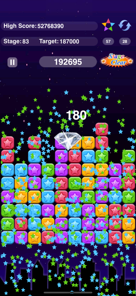 Pop Star - Block Star - Gameplay screen of Pop Star - Block Star showing colorful star blocks and a Stage Clear banner.