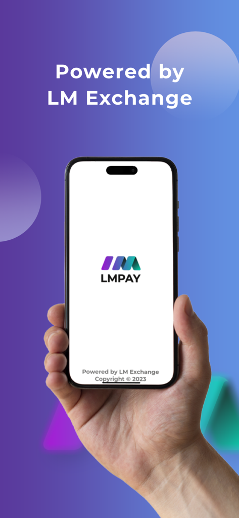 Hand holding a smartphone displaying the LMPAY app logo and Powered by LM Exchange text on a blue background.