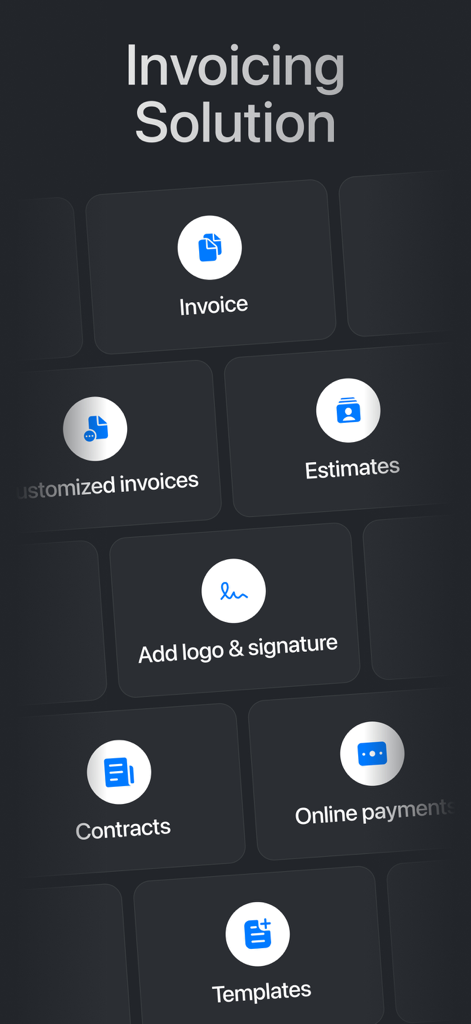 App interface displaying features for invoices, estimates, contracts, and online payments.