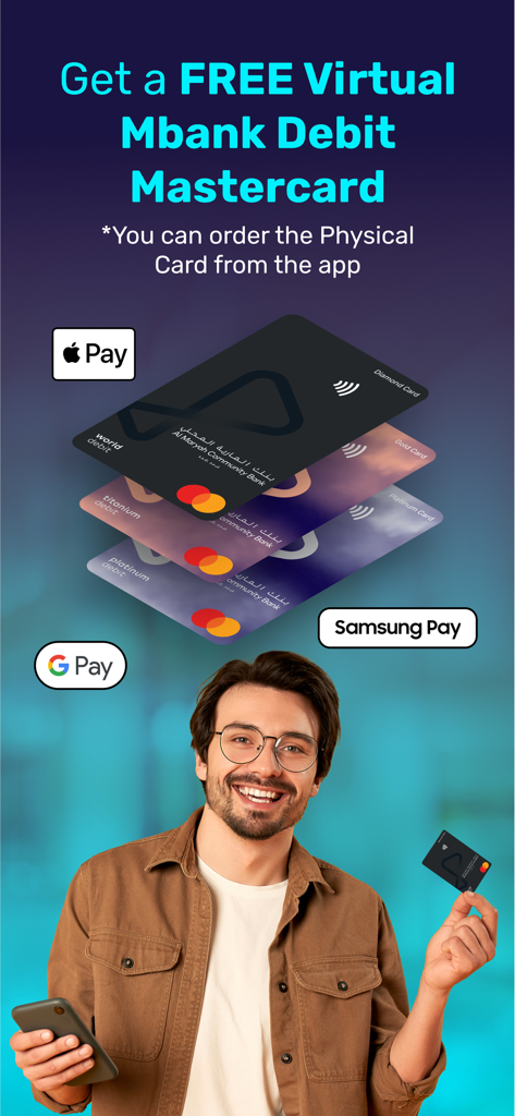 A man holding a phone and an Mbank debit card with text promoting a free virtual Mastercard compatible with Apple Pay, Google Pay, and Samsung Pay.