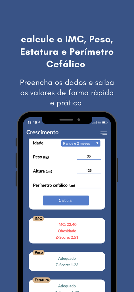 Calculadora de crescimento - Interface do aplicativo móvel exibindo métricas de crescimento infantil, incluindo resultados de IMC e escore Z