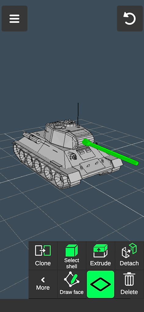 Mobile app interface showing a 3D tank model being designed with editing tools