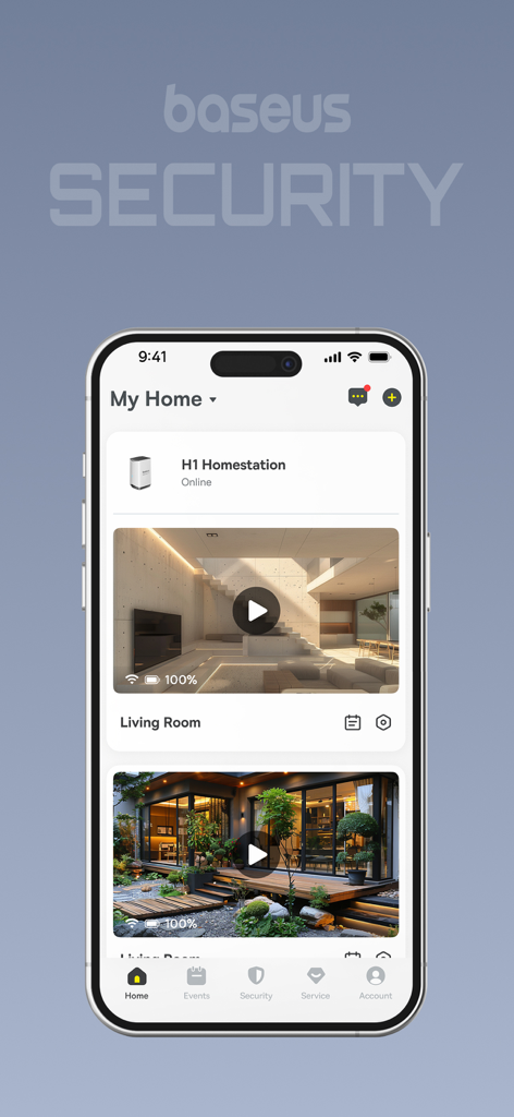 baseus Security - Baseus Security app dashboard on iPhone displaying live indoor and outdoor camera feeds.