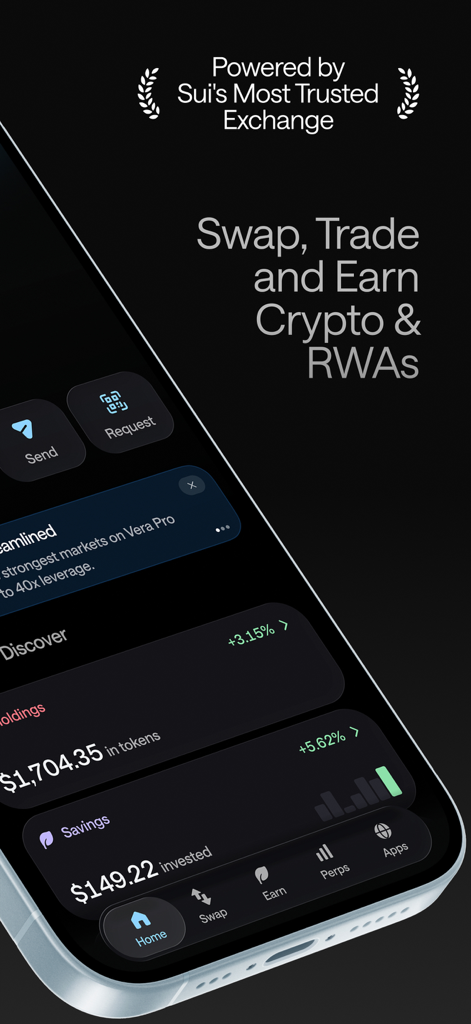 Vera - The Sui Super Wallet - Vera Sui Super Wallet mobile interface showing crypto swap trade and earn features