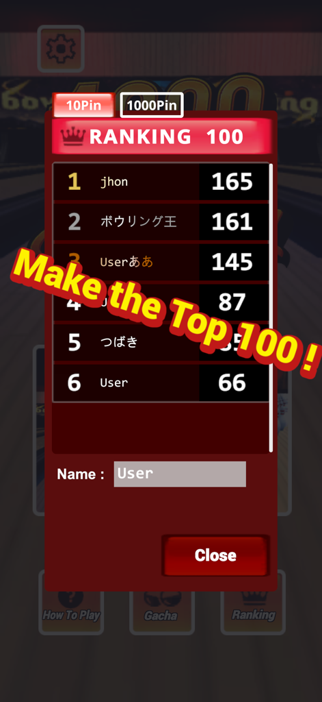 1000 Pin Bowling - Una tabla de clasificación global para el juego 1000 Pin Bowling que muestra los 100 mejores jugadores con una superposición que dice Llega al Top 100