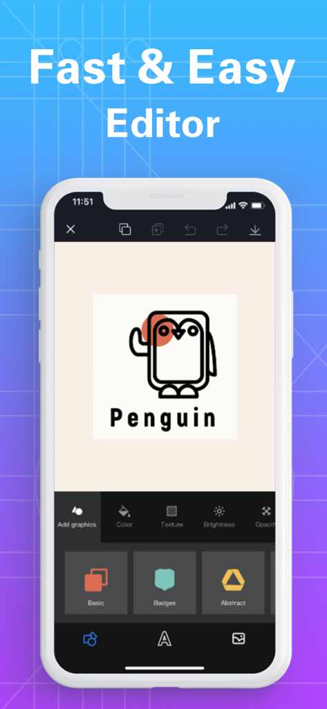 Logo Maker - Design Logo App - Logo Maker app interface with a penguin logo design and editing tools