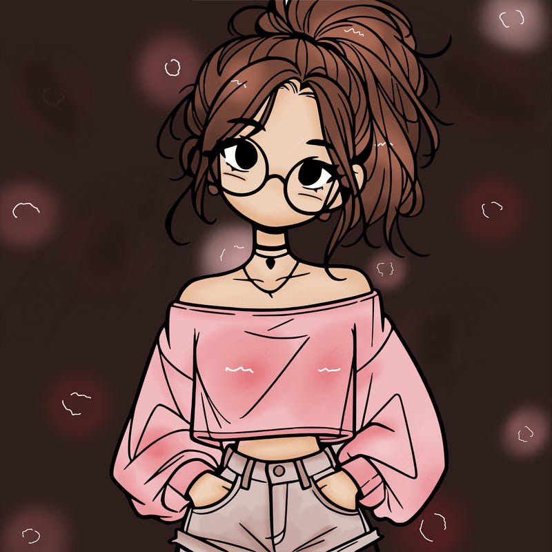 girl with a messy ponytail glasses a baggy crop top and jean shorts