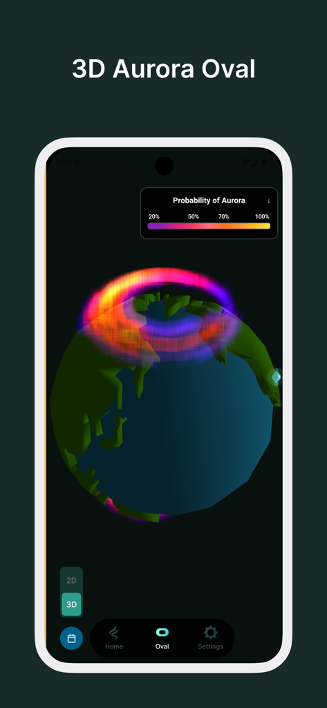 Visualización 3D del óvalo de auroras en un globo terráqueo dentro de la aplicación móvil Aurora Eos