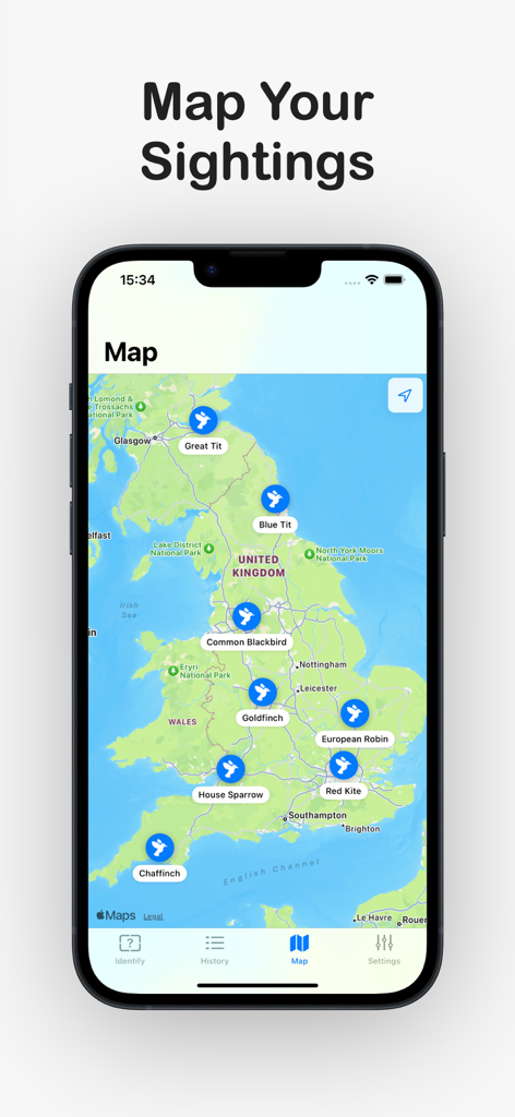 Bird Feather Identification - A smartphone displaying the BirdID app interactive map with various bird species pins across the United Kingdom.