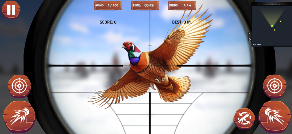Pheasant Bird Hunting Game 3D - A pheasant bird targeted through a sniper rifle scope in a 3D hunting simulation game