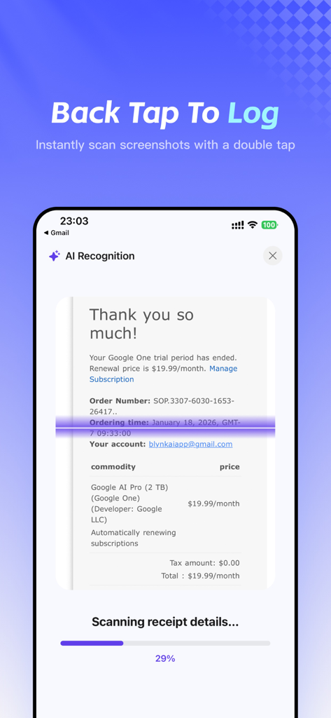 Tally AI: Expense & Budget Log - Tally AI app screen demonstrating AI recognition scanning a digital receipt through the back tap feature.