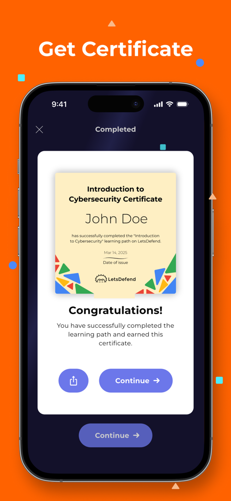 LetsDefend - Digital certificate for completing a cybersecurity learning path on the LetsDefend mobile app
