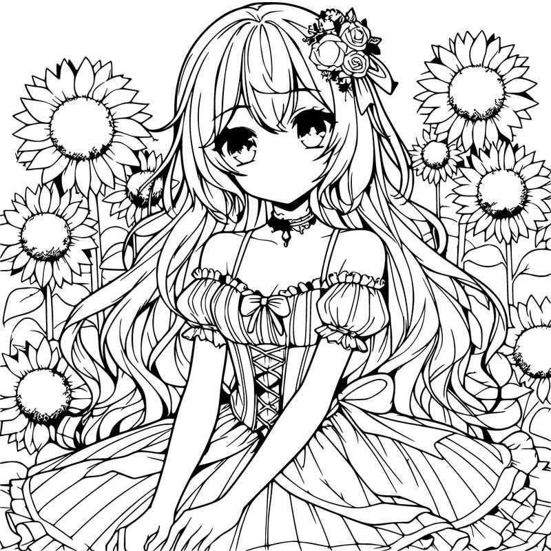realistic anime girl in a beautiful dress sitting in a sunflower field