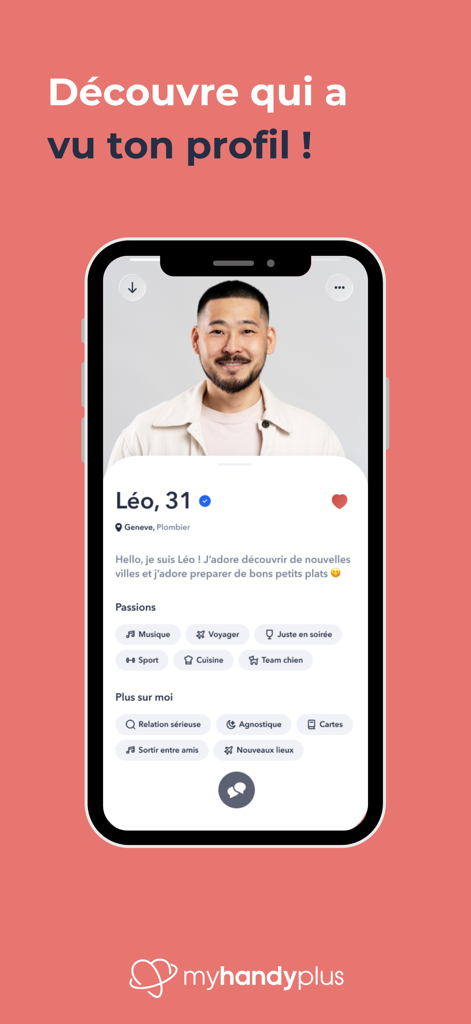 MyHandyPlus - A profile screen on the MyHandyPlus inclusive dating app showing a user named Leo with his bio and interests.