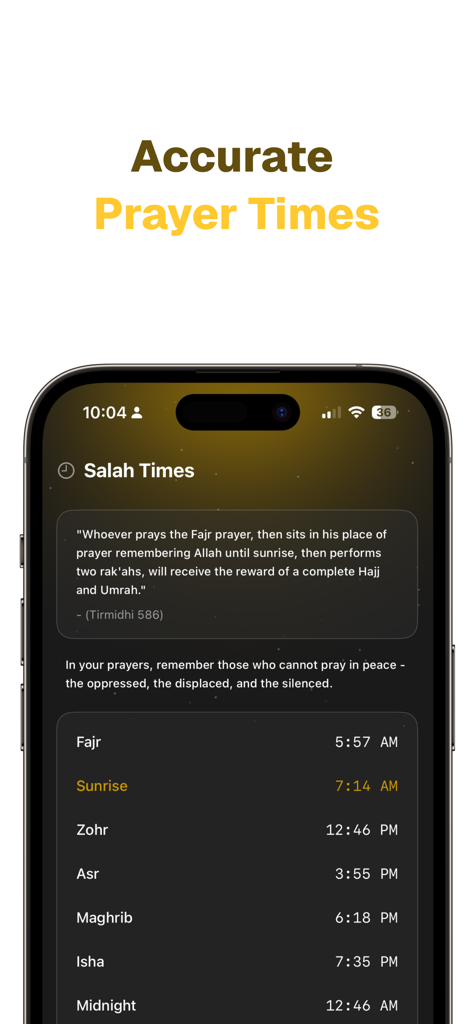 The Qibla: Direction & Times - Una interfaz minimalista de la aplicación La Qibla mostrando los horarios diarios de oración Salah para Fajr, Dhuhr, Asr, Maghrib e Isha en un fondo oscuro.