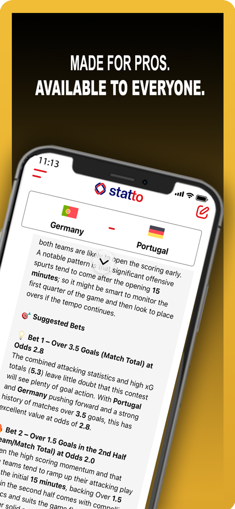 Statto App - Interfaz de la aplicación Statto que muestra consejos de apuestas de fútbol impulsadas por IA y justificaciones basadas en datos para un partido