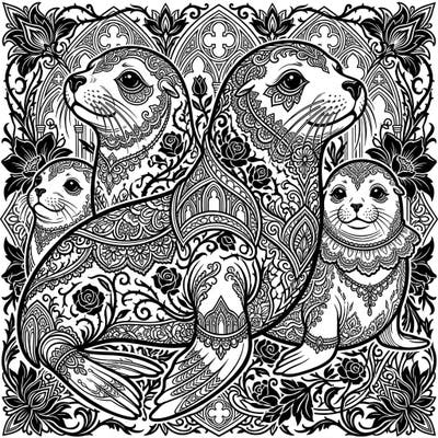Dive into a mystical world with this unique Gothic Seals & Sea Lions coloring page. Featuring majestic marine life adorned with intricate Victorian patterns and dark floral motifs, it promises a truly captivating artistic experience.