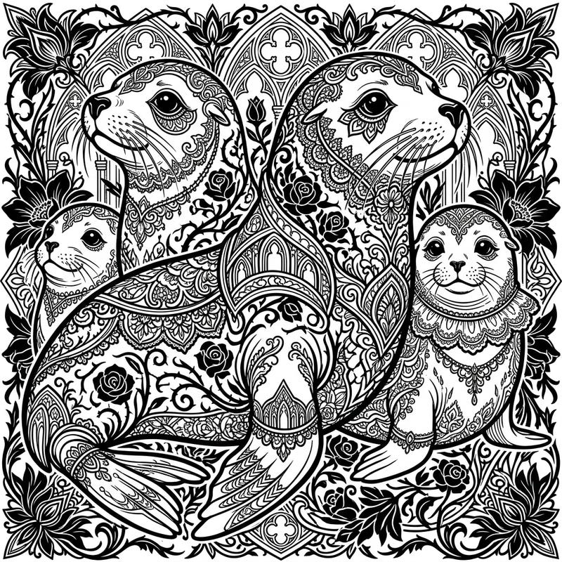 Dive into a mystical world with this unique Gothic Seals & Sea Lions coloring page. Featuring majestic marine life adorned with intricate Victorian patterns and dark floral motifs, it promises a truly captivating artistic experience.