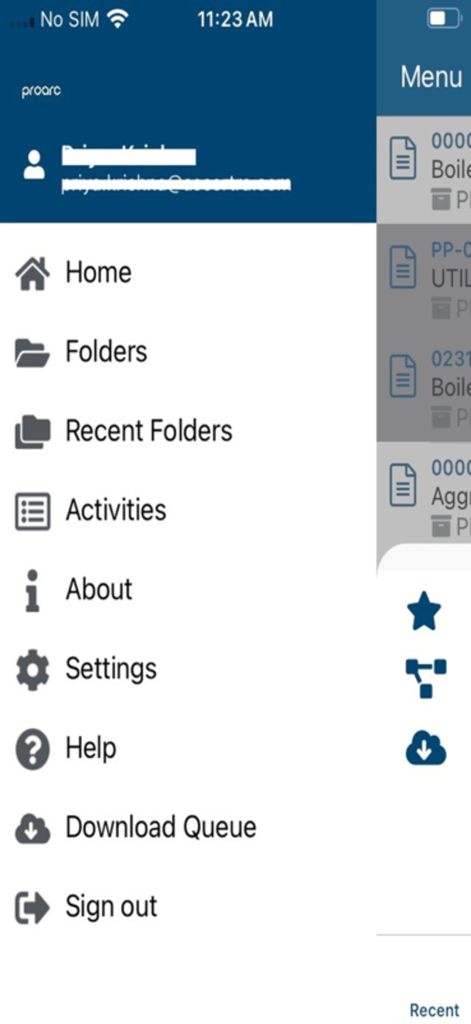 Proarc OnPrem 7.5 - Main navigation sidebar of the Proarc OnPrem 7.5 app showing options for folders activities and settings