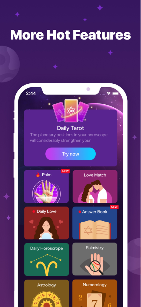 Una pantalla de smartphone que muestra un menú de funciones de aplicaciones espirituales como Tarot Diario, Lectura de Palma, Coincidencia Amorosa y Astrología.