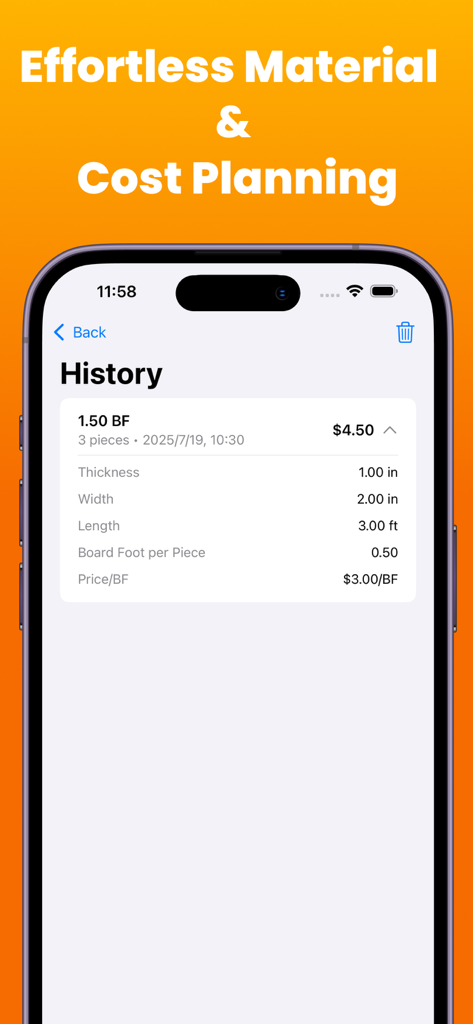 Board Foot Calculate - Woodworking app history screen showing lumber board foot and cost calculations.