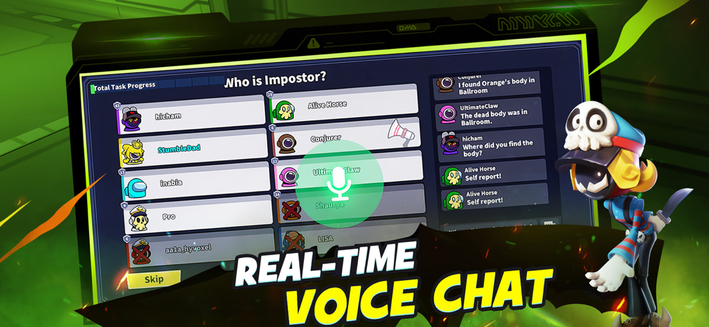 Gameplay-Screenshot von Super Sus, der den Abstimmungsbildschirm des Betrügers und die Echtzeit-Voice-Chat-Funktion zeigt.