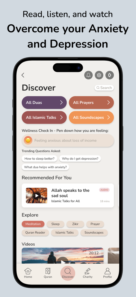 MuslimHira: MentalHealth|Quran - The Discover page of the MuslimHira app featuring Islamic talks and a wellness check in for mental health