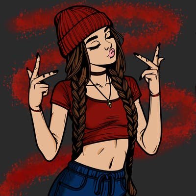 realistic teenage girl with braids and a beanie and crop top doing 🫶🏼