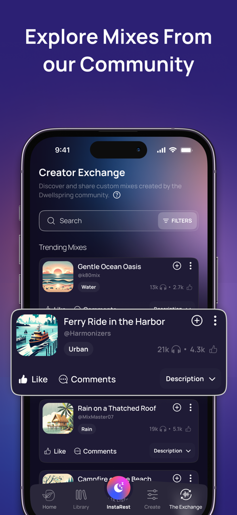 Dwellspring: Sleep Sounds - Dwellspring app interface showing the Creator Exchange where users can explore and share community-made sound mixes