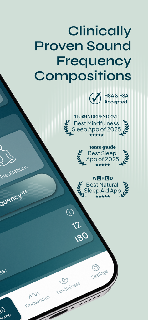 Soaak - Soaak app interface showing clinically proven sound frequencies and industry awards from Wired and Toms Guide.