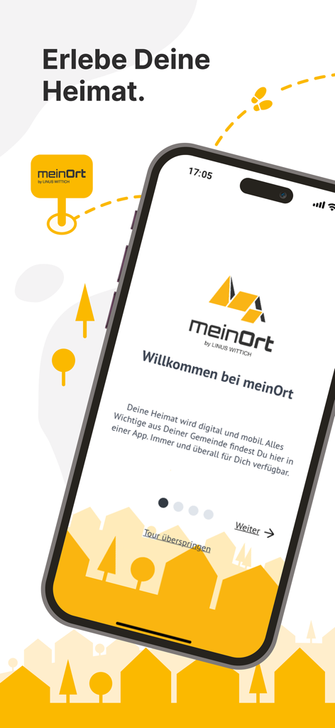 meinOrt - The welcome screen of the meinOrt mobile app with the slogan Erlebe Deine Heimat.