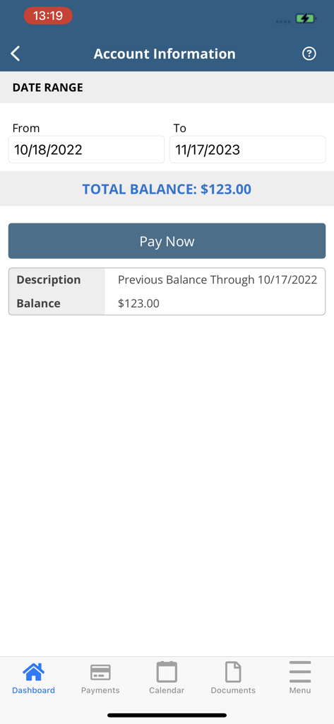 Tela de informações da conta do proprietário mostrando saldo total e botão de pagamento