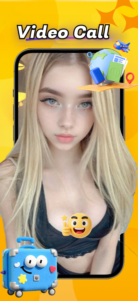 Jourry - Video Call, Live Chat - a young woman on a video call within the jourry travel app interface surrounded by travel icons