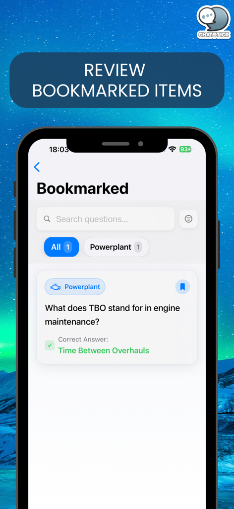 Ein Smartphone-Bildschirm, der den Abschnitt mit markierten Fragen der FAA A&P PowerPrep-App mit einer Übungsfrage zur Motorwartung anzeigt.