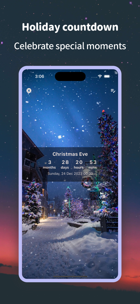 Countdown Calendar & Widget - Mobile app interface showing a countdown to Christmas Eve with a snowy winter background