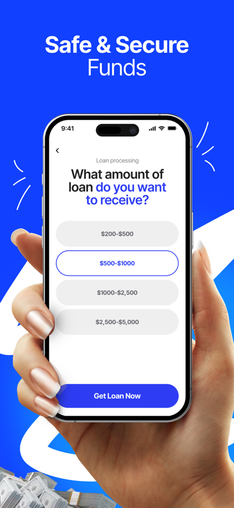 Borrow Money – Fast Loans App - A hand holding a smartphone showing an app screen to select a loan amount ranging from 200 to 5000 dollars