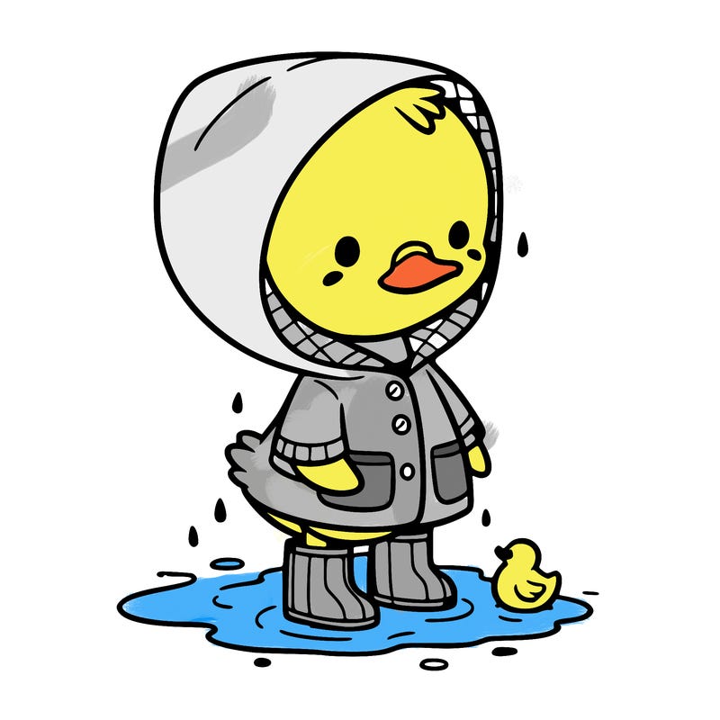 baby duck in a rain coat and boots, in a puddle while it’s raining