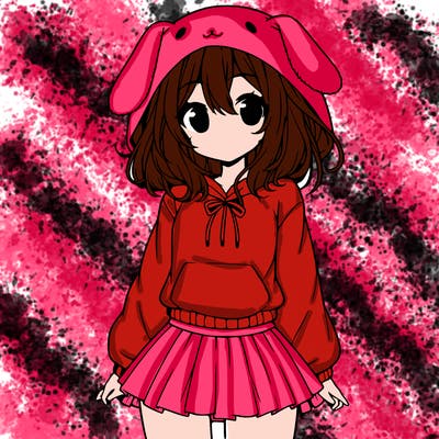 pretty anime girl wearing a fluffy hoodie with bunny ears on the hood and a skirt