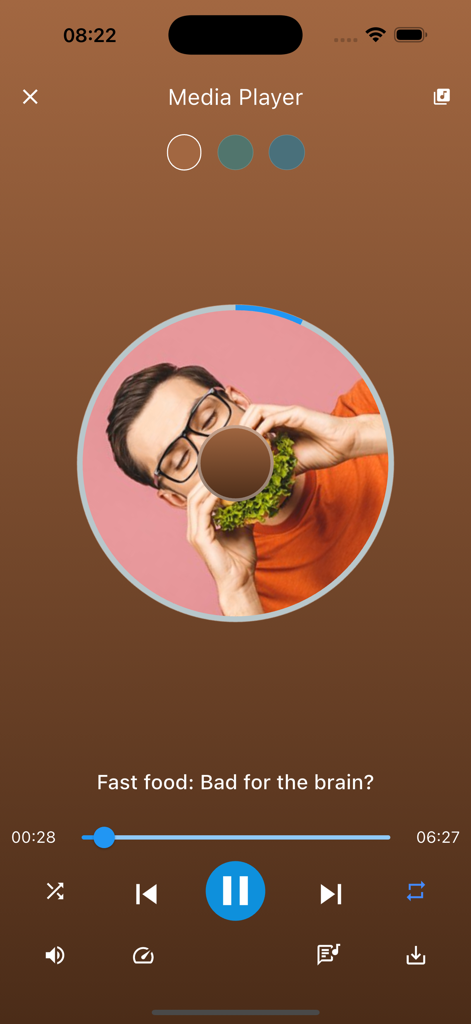 English Listening - 6mins - Media player interface in the English Listening app playing an audio lesson about health and fast food.