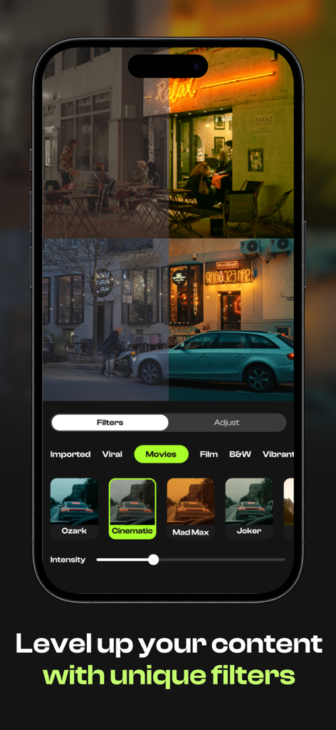 LUT Studio: Cinematic Filters - Interfaccia dell'app LUT Studio che mostra vari filtri cinematografici applicati a clip video urbane su un iPhone.
