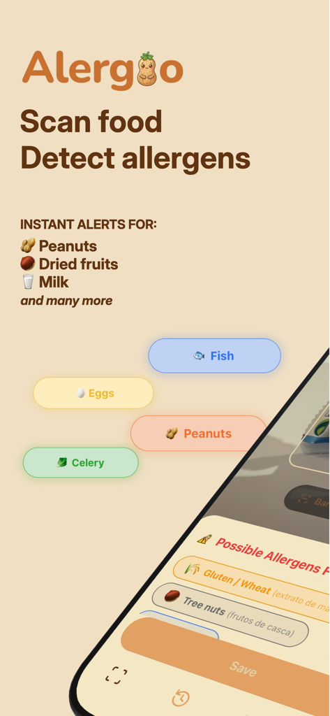 Alergio app interface showing food allergy scanning and allergen detection for peanuts, milk, and eggs.