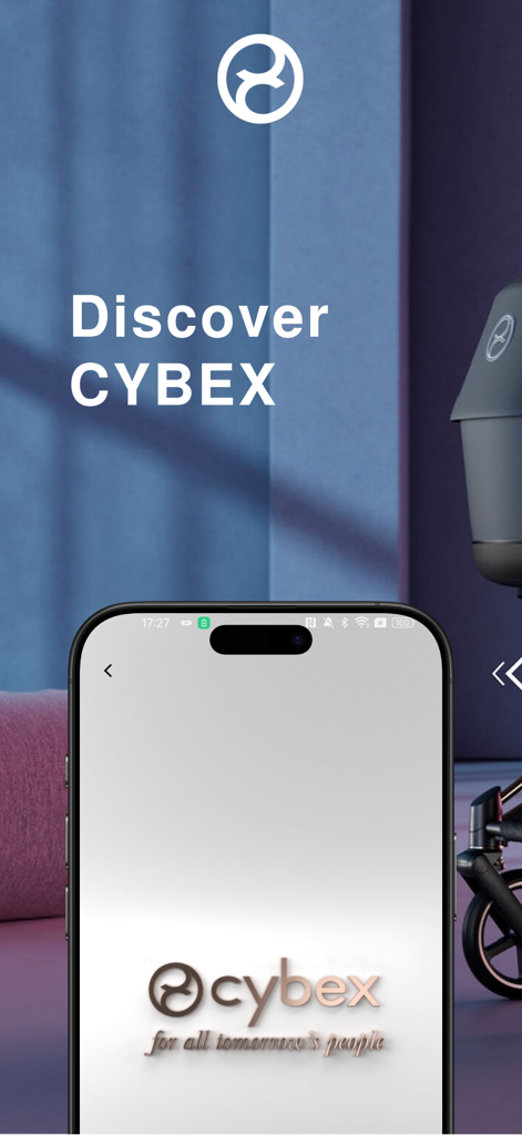 Cybex mobile app splash screen displayed on a smartphone next to a luxury stroller