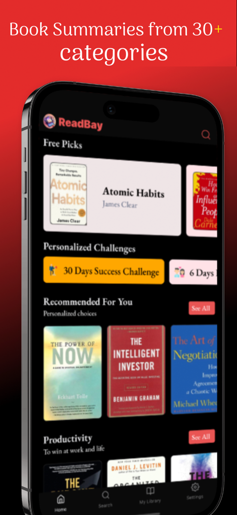 ReadBay: Book Summaries - ReadBay app home screen showing book summaries from various categories and personal growth challenges