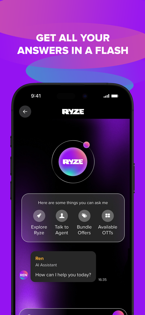 RYZE Bangladesh - AIアシスタントRenをフィーチャーしたRYZE Bangladeshアプリのインターフェース