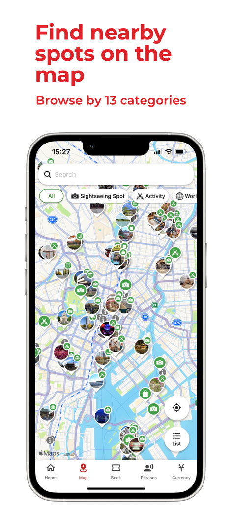 다양한 카테고리의 현지 명소 및 활동을 보여주는 일본의 인터랙티브 지도