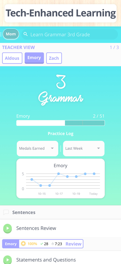 Learn Grammar 3rd Grade - Student progress dashboard and practice log in the Learn Grammar 3rd Grade app