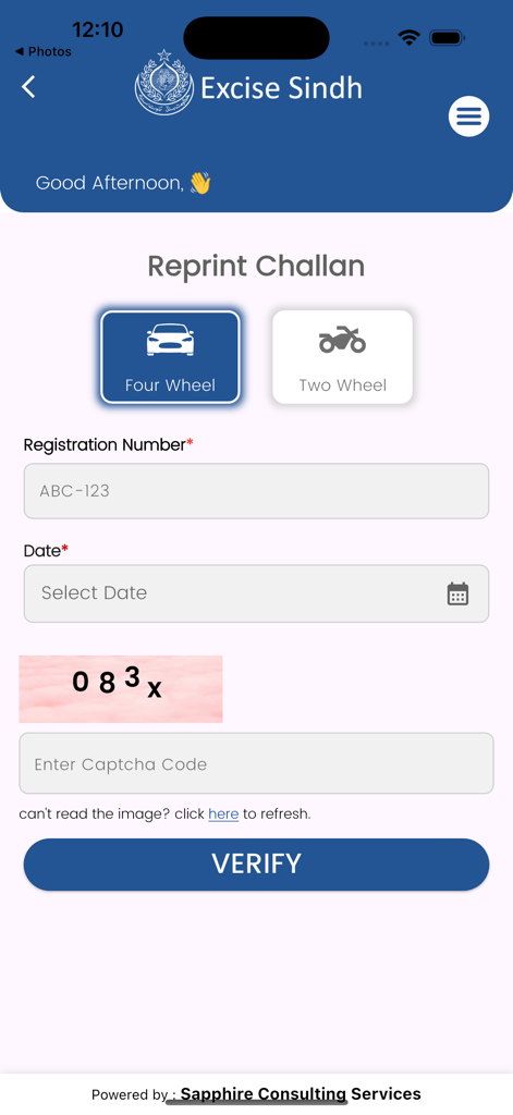Excise Sindh - Screenshot of the Reprint Challan feature in the Excise Sindh app showing vehicle registration and verification fields.