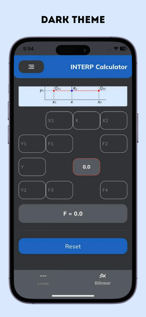 Una captura de pantalla de la aplicación Calculadora de Interp mostrando la interfaz de interpolación bilineal en modo oscuro