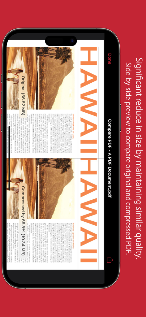 元のPDFドキュメントと圧縮されたPDFドキュメントの品質とサイズを比較するサイドバイサイドプレビュー