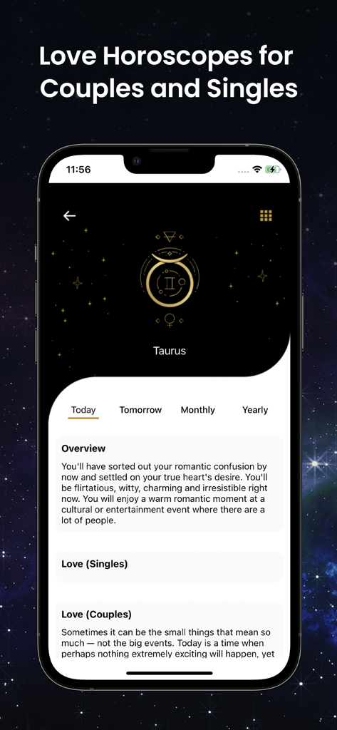 Horóscopo do amor diário para Touro em uma interface de aplicativo móvel apresentando seções para solteiros e casais.